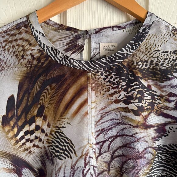 size 1 (fits‎ M 8/10) PAUW Amsterdam feather print blouse silk top tie front - Picture 9 of 11